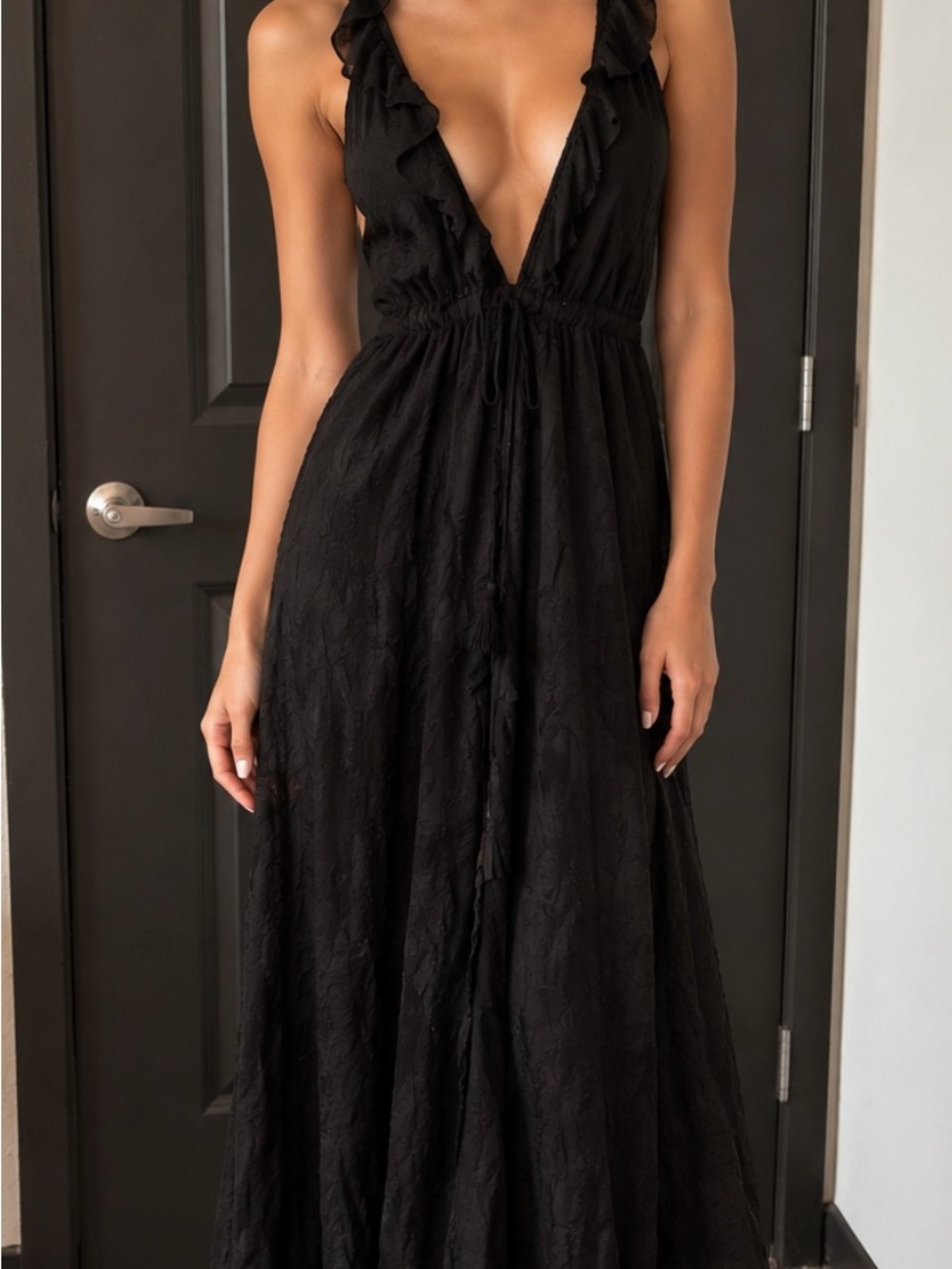 & Other Stories Black Ruffle V-Neck Maxi Dress